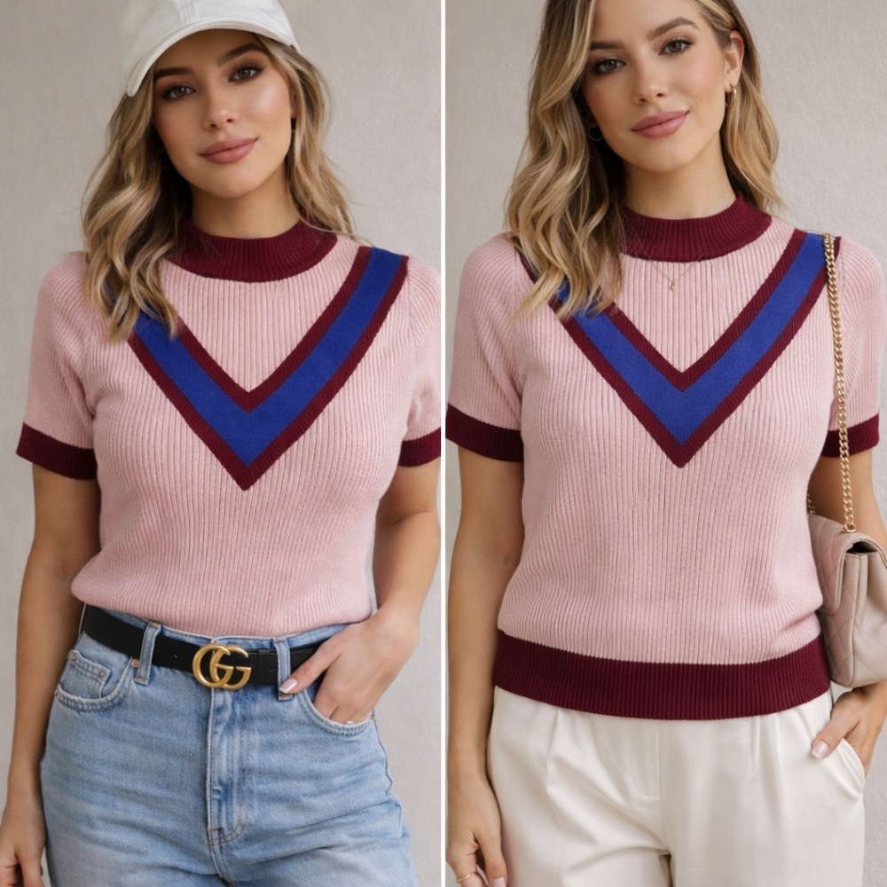 Fashion Nova Pink and Blue V-Neck Short Sleeve Top